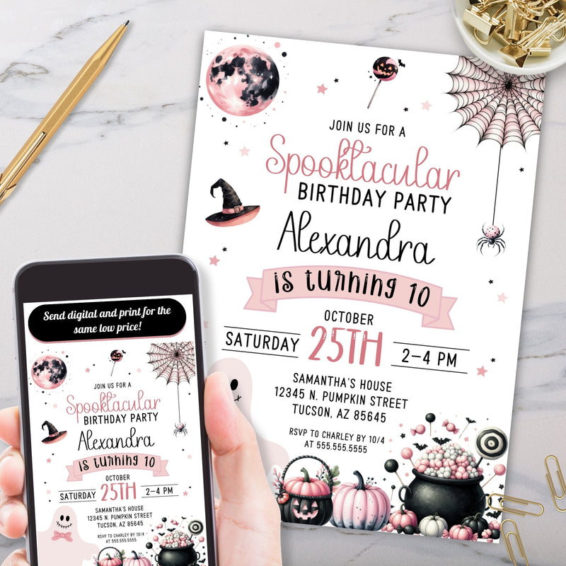 cute pink and black spooktacular halloween birthday party invitation with ghost pumpkins candy and more