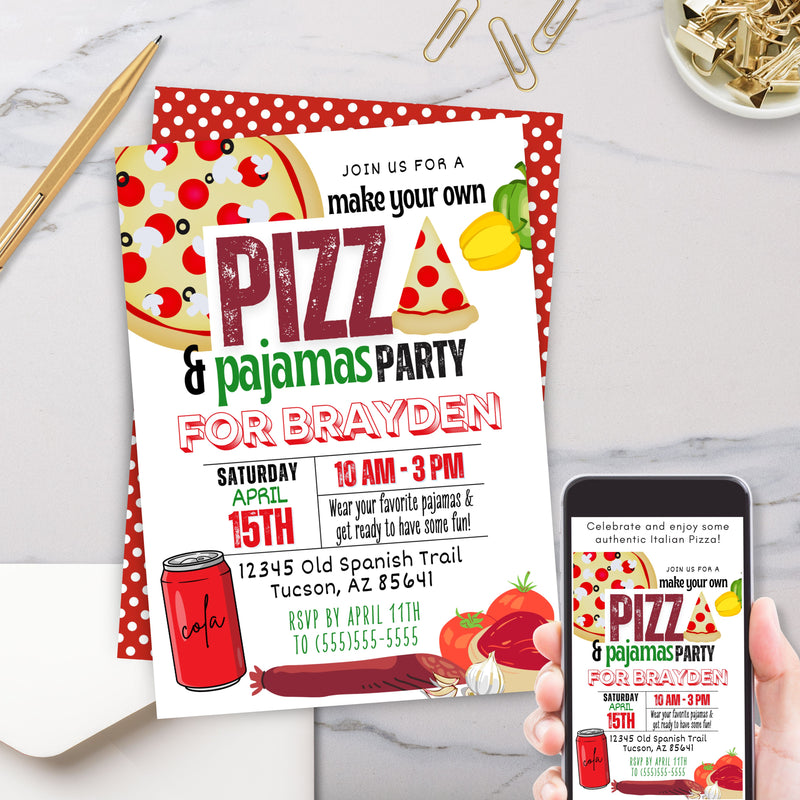 pizza and pajamas pjs party for birthday or any celebration invitation digital and printed