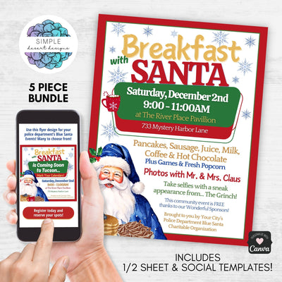 blue santa pancake breakfast event flyers set for law enforcement charity events