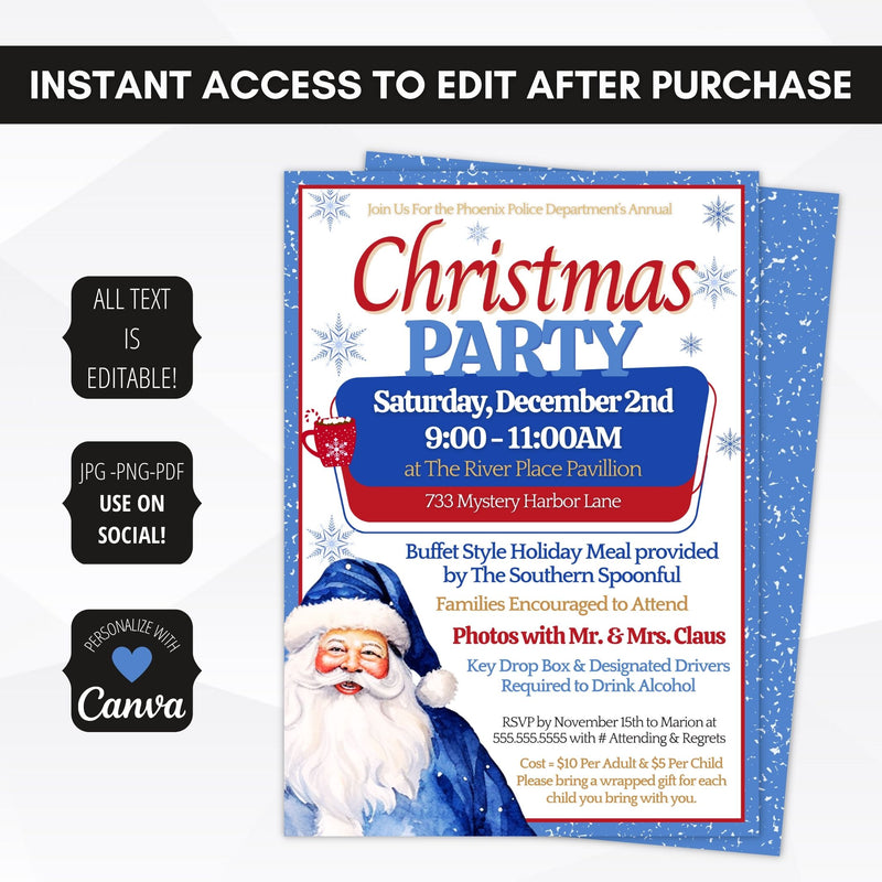 blue santa claus christmas party invites