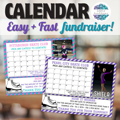 customizable ice skating fundraiser calendar with ice skater photo space and color changing graphics