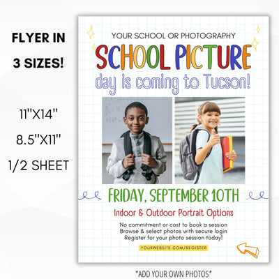 three in one primary colored school photo day flyer for parent newsletters