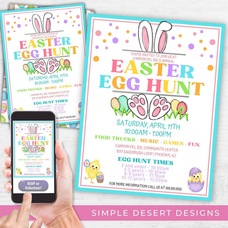 printable digital easter egg hunt invitations with cute hand drawn easter bunny ears and easter eggs