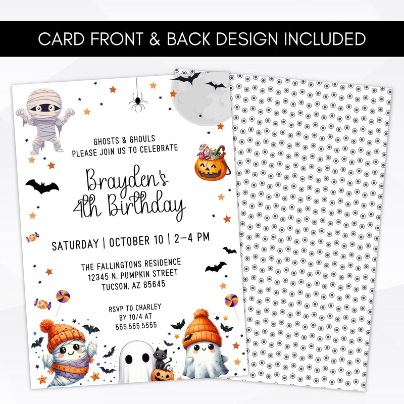 printable halloween birthday party invitation for boys and girls with ghosts and ghouls