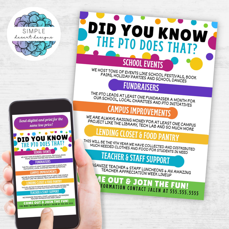 digital and printable colorful did you know the pto does that informational flyers