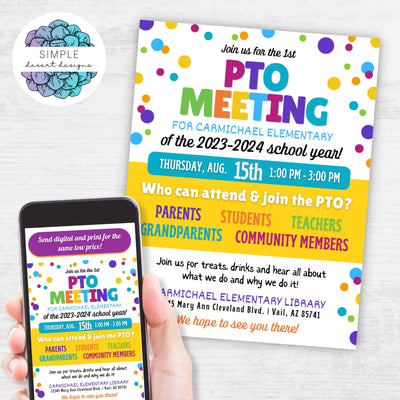 personalized digital and printable pto pta meeting flyer template with bold polka dots and colors