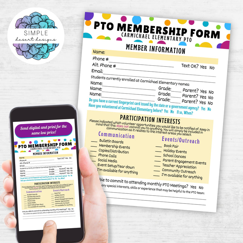 colorful fun school pto pta volunteer membership form template