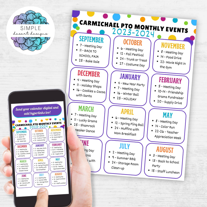 school pto pta monthly annual calendar flyer digital and printable