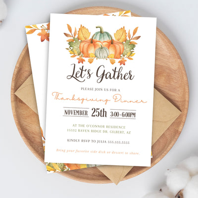 pumpkin theme thanksgiving dinner party let's gather invitations