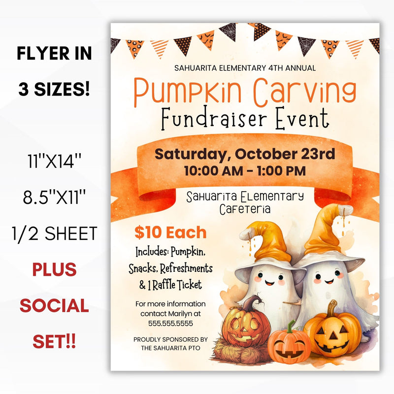 all in one bundle with pumpkin themed halloween event flyers in 4 sizes