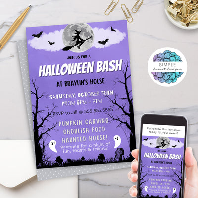 cute purple halloween party invitation for kids with witch, bats, ghosts and cemetery