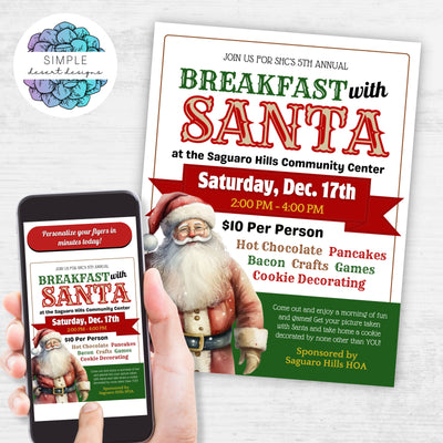 lifelike santa claus event flyers for mall or community photos or breakfast with santa event