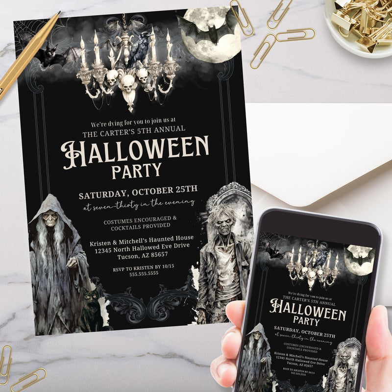 modern and realistic halloween party announcement for costume or dinner party