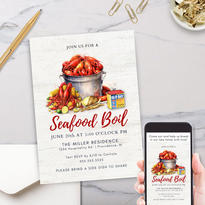 modern seafood boil invitation with ol bay and traditional crawfish shrimp in pot