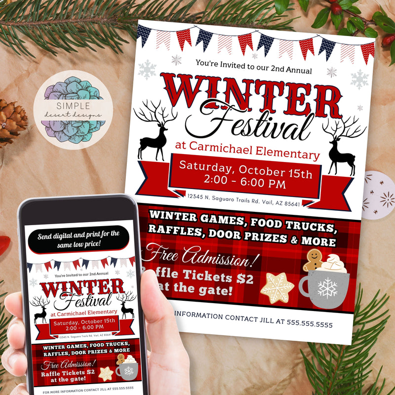 editable winter fundraiser flyer with personalized text including title and space for event details