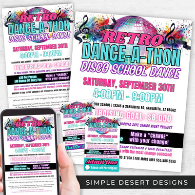 all in one retro disco theme school dance flyers and ticket template bundle