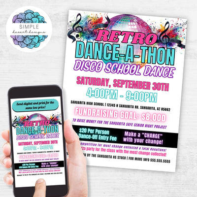 retro 80s 90s theme dance a thon fundraiser flyers set