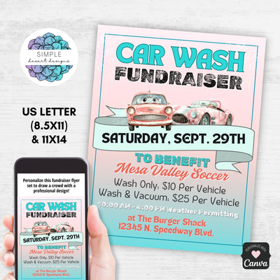 customizable car wash flyers for pink and teal or 50s diner theme