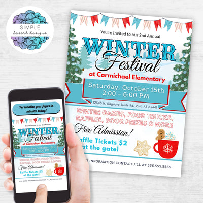 vintage retro theme winter festival flyers for school or church fundraising events