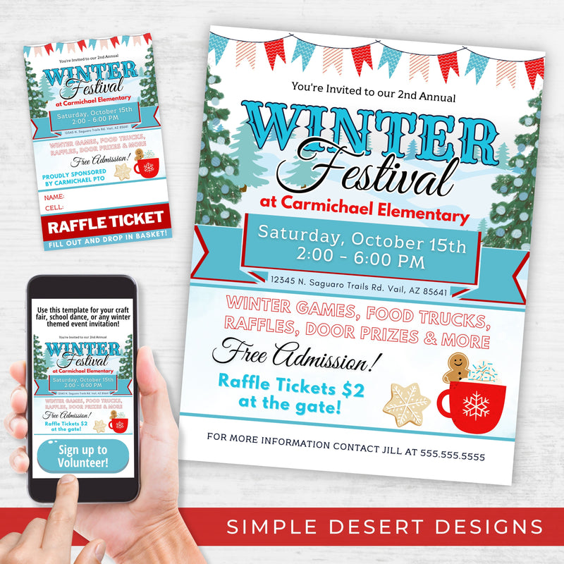 blue christmas theme winter festival flyers and raffle ticket template bundle