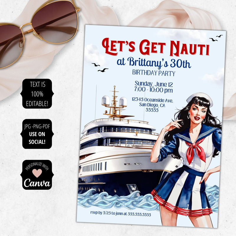 modern lets get nauti party boat invitations