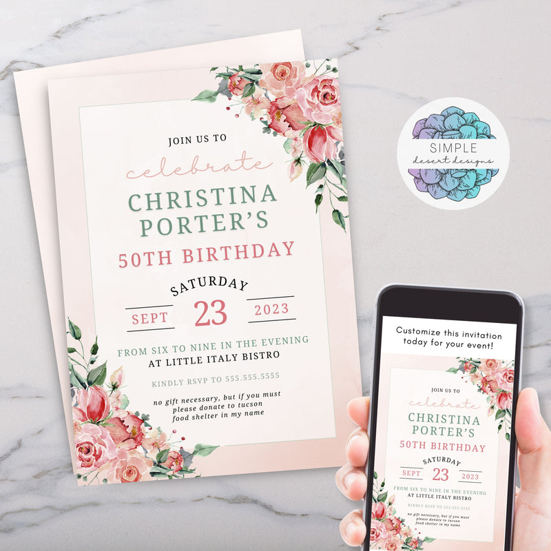 vintage dusty rose milestone party invitation template