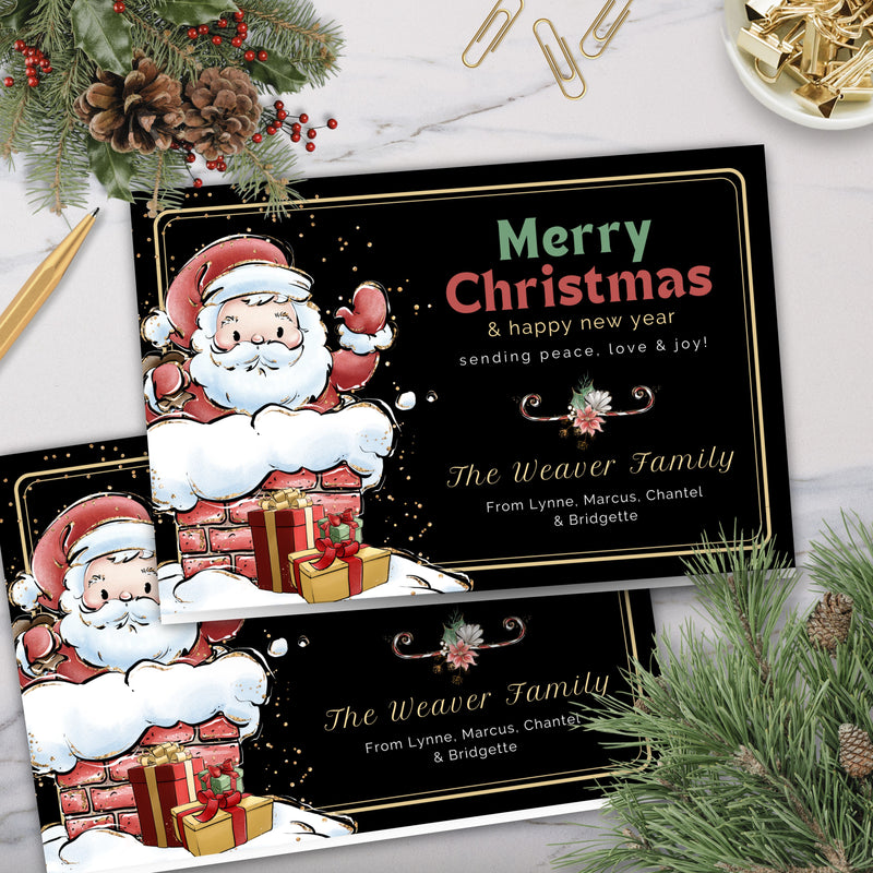 elegant and cute merry christmas cards with santa coming out of chimney with presents