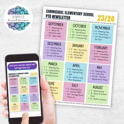 customizable monthly annual calendar template with colorful color blocks for school pto pta event calendar