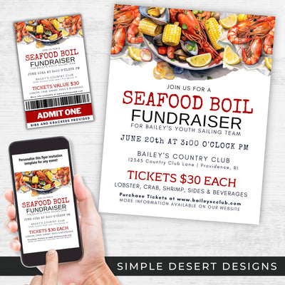 customizable seafood dinner fundraiser invitation and ticket template bundle