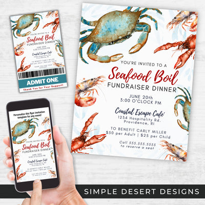 modern seafood boil fundraiser dinner invitaitons with ticket template