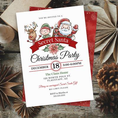 cute secret santa christmas party invitation with modern gold accents