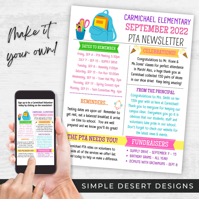 fillable pto pta newsletter template with school theme and easy to edit