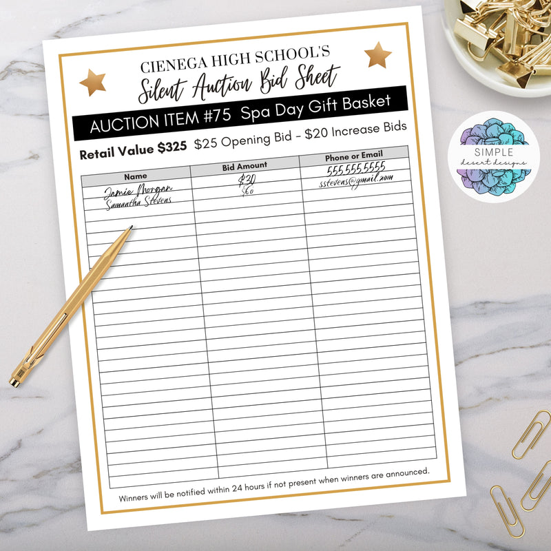 elegant black and gold silent auction basket raffle fundraiser bidding sheet template