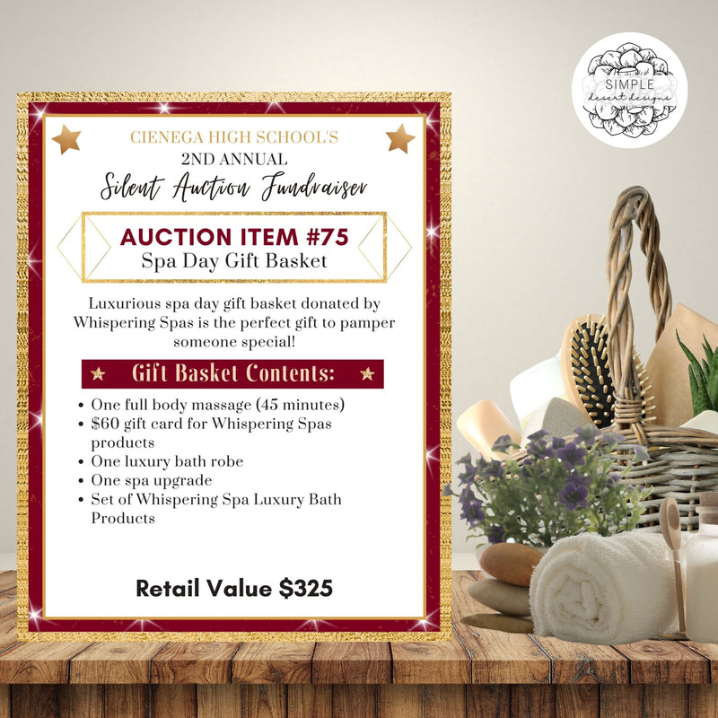 red and gold elegant silent auction fundraiser basket event sign