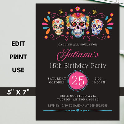 skull birthday invitations for girls