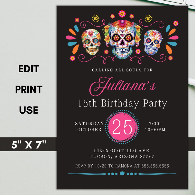 skull birthday invitations for girls