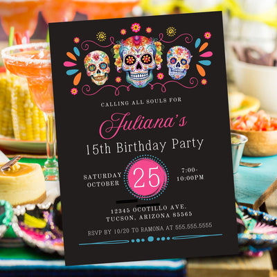 skull birthday party invitations for dia de los muertos fiesta