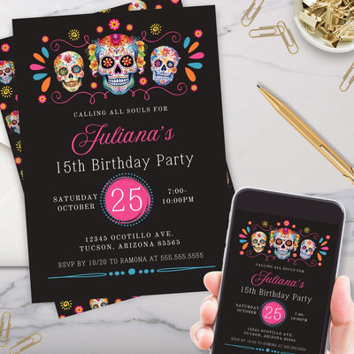 colorful skull candy birthday party invitations for girly celebration