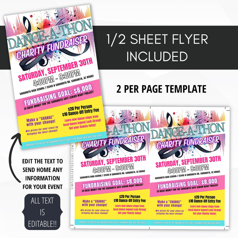 half sheet 2 per page dance a thon fundraiser event flyers