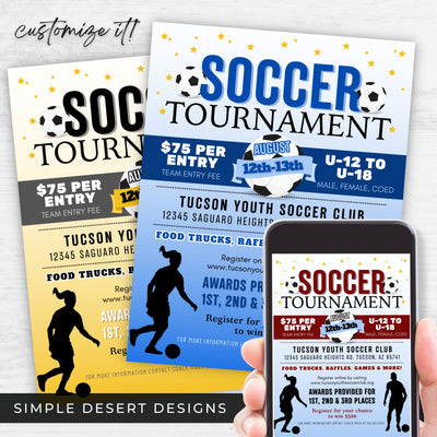 customized soccer tournament flyer with customized colors and text