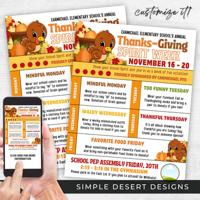 customized thanksgiving week spirit week itinerary schedule flyer for schools work church morale booster