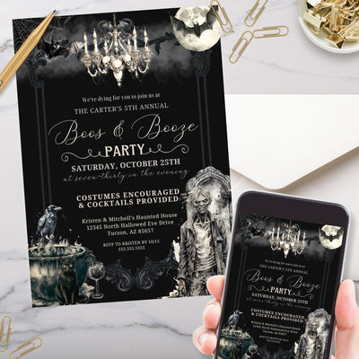 elegant dark boos and booze theme halloween cocktail party invitation