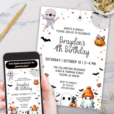 cute halloween theme birthday party invitation with ghosts and mummy with bats and halloween candy