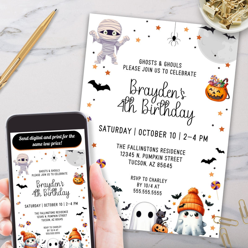 cute halloween theme birthday party invitation with ghosts and mummy with bats and halloween candy