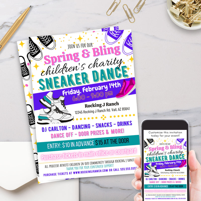 customizable childrens charity event invitation for sneaker dance fundraiser