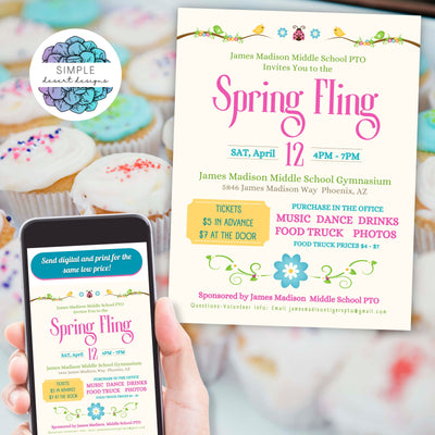 cute spring theme school dance social flyers set