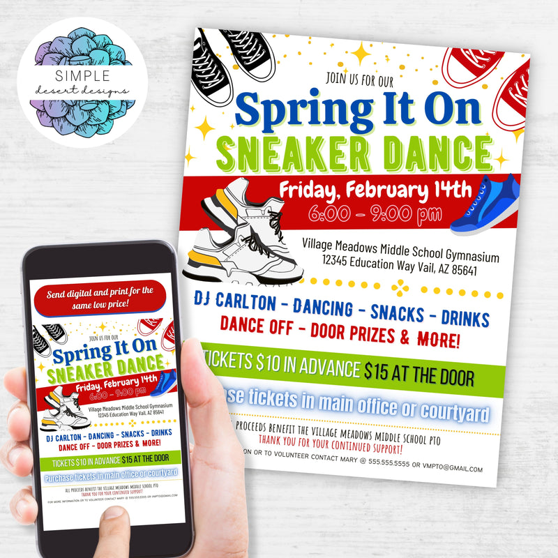 editable spring it on sneaker dance flyers for school dance or charity fundraiser