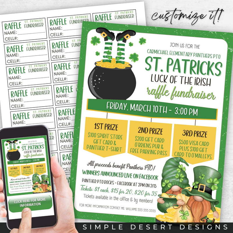 st patricks day raffle fundraiser flyer template with ticket sheet