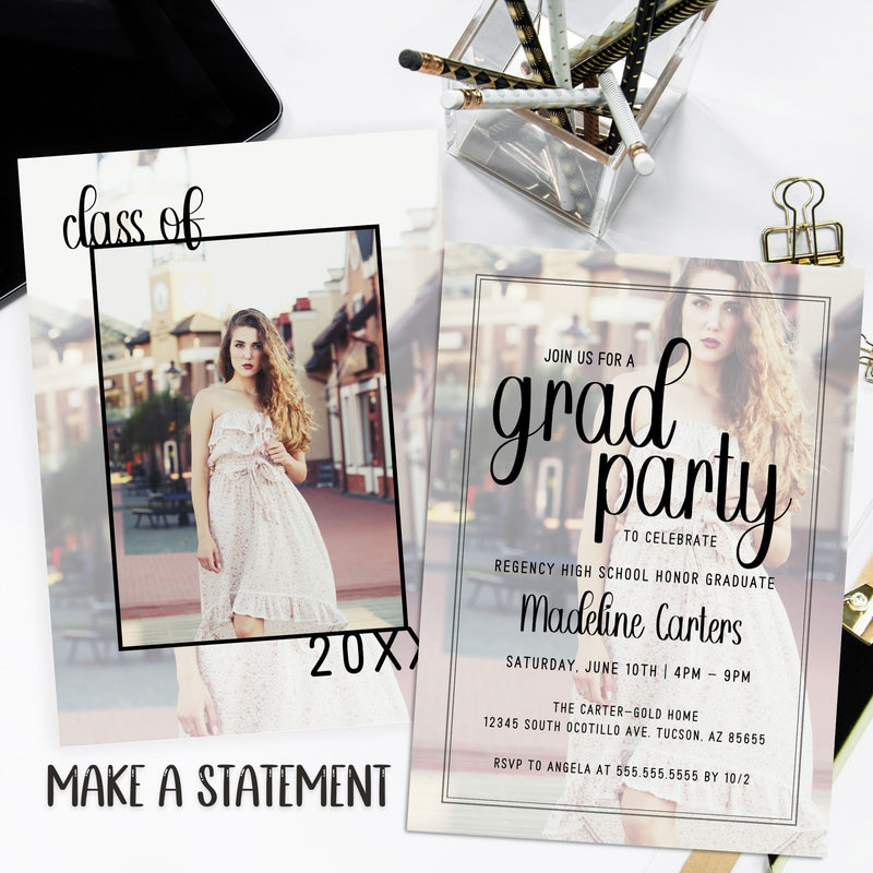 trendy graduation party invitation with unique design for high school college graduates