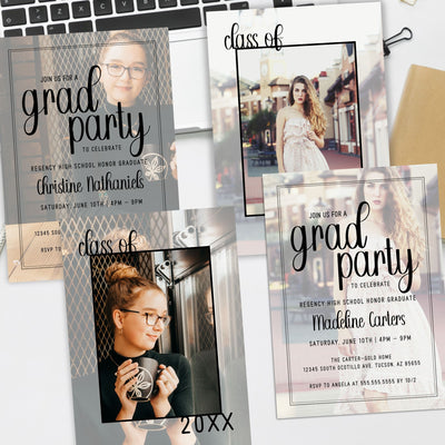 stylish graduation party invitation with two different photo styles shown in same design for high school or college graduate